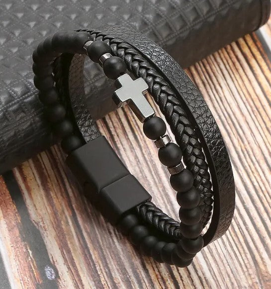 Leather Beaded Cross Bracelet