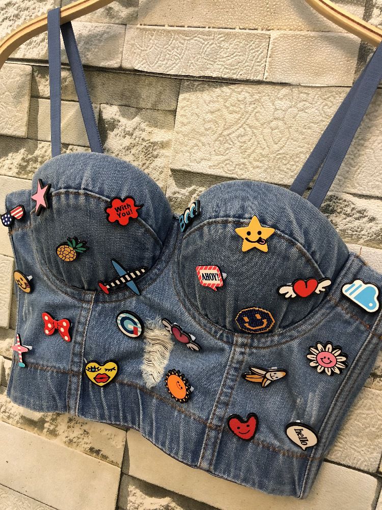 Modern Women's Denim Crop Top with Embellished Vest