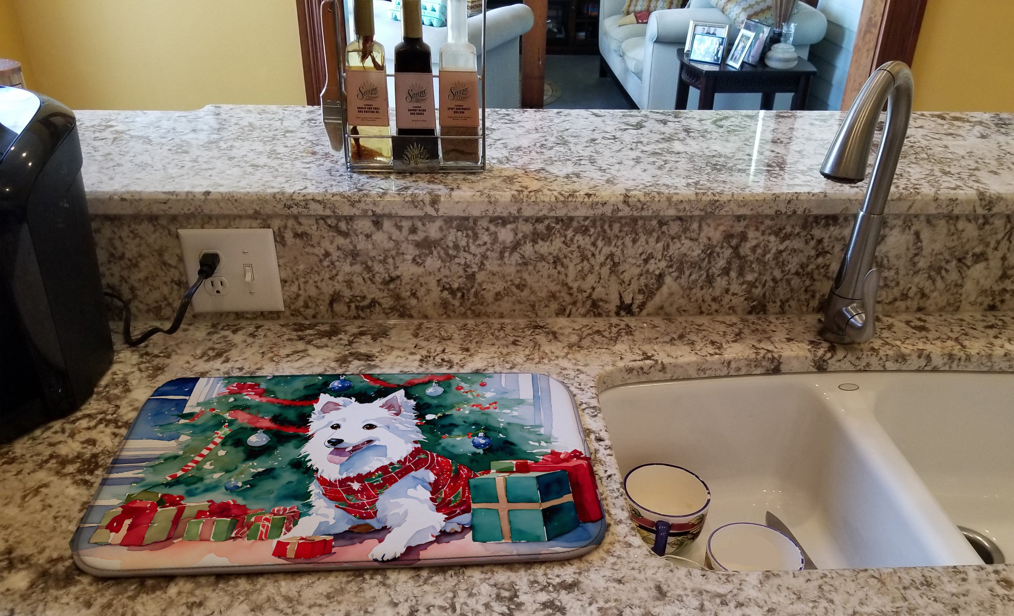 Japanese Spitz Cozy Christmas Dish Drying Mat