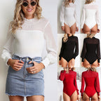 Mesh Hollow Slim Bodysuit for Women - V-Neck Long Sleeve