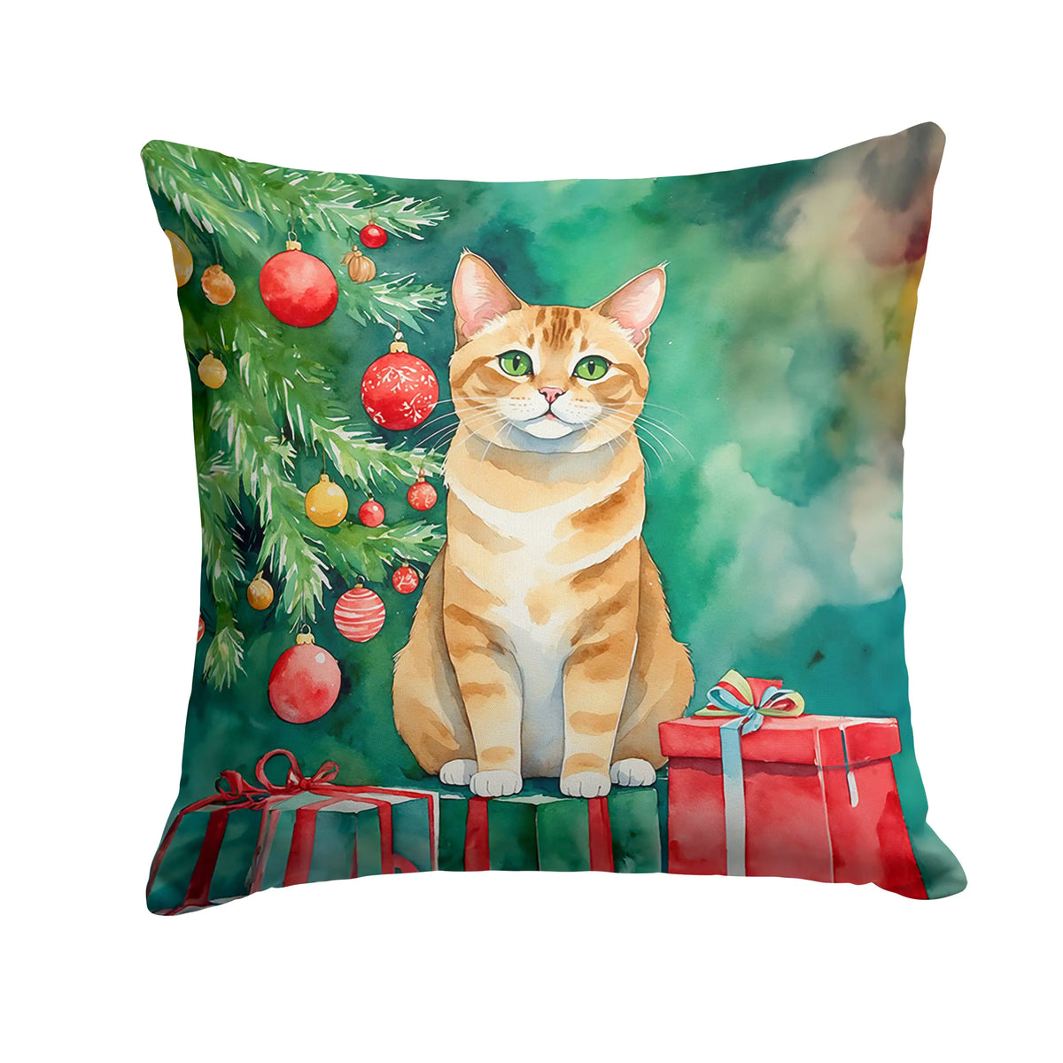 Malayan Cat By the Christmas Tree Throw Pillow
