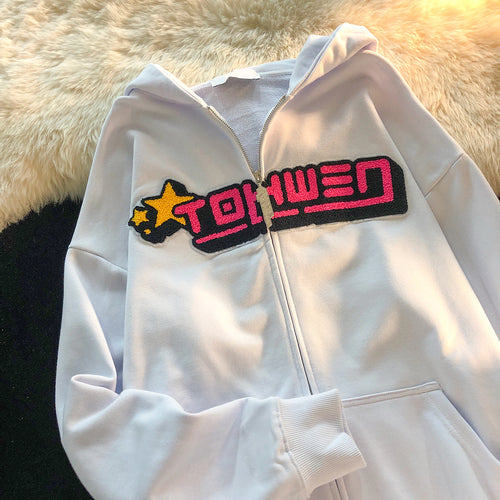 Letter Embroidery Loose Flocking Hoodie for Women | Streetwear