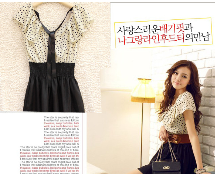 Polka Dot Chiffon Dress - Faux Two-Piece Design