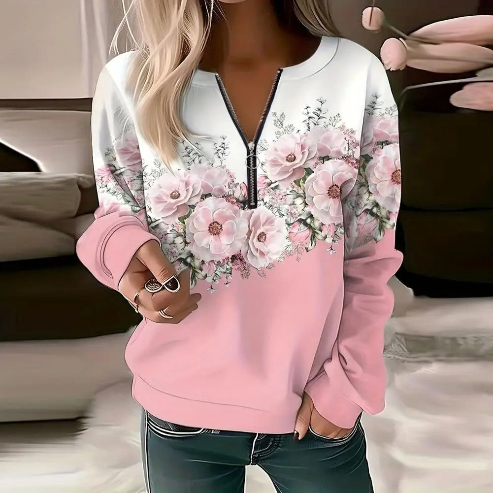 Casual Printed Women's Zipper Pullover Sweatshirt | Streetwear