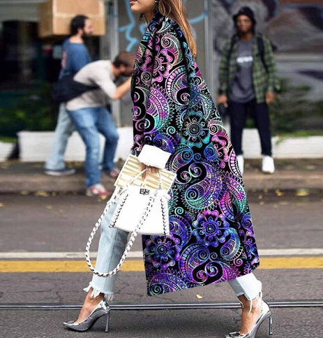 Women's Long Loose Print Double Breasted Trench Coat