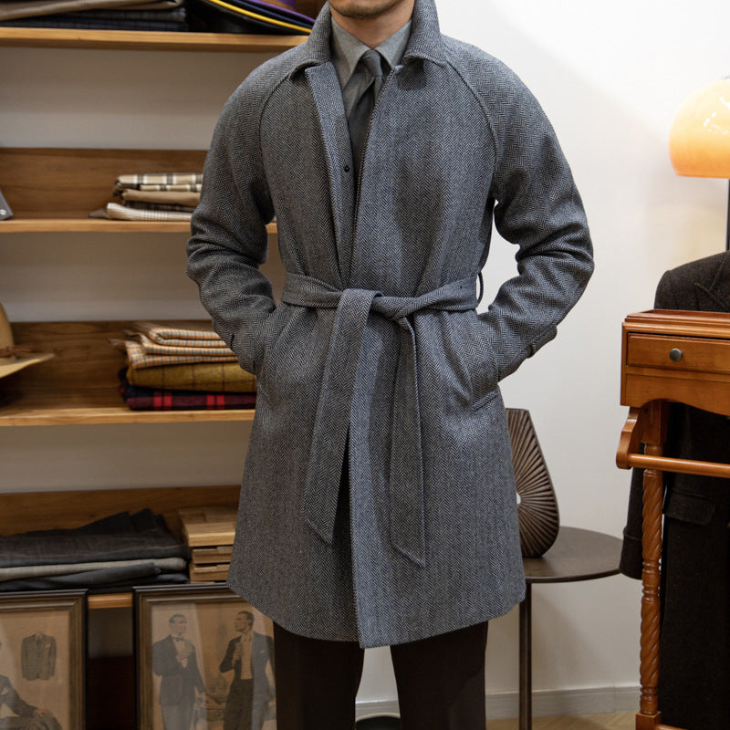 Japanese Herringbone Wool Slim Fit Mid-Length Coat