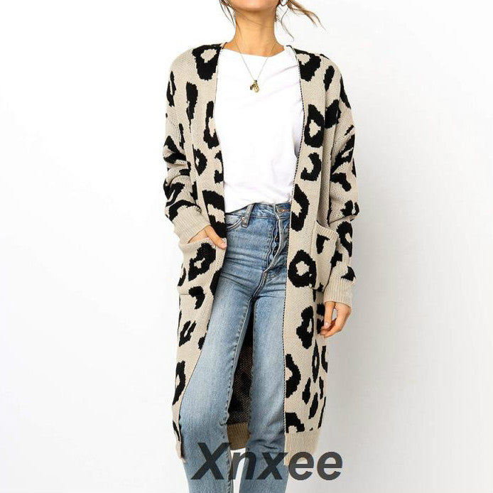 Women's Leopard Knitted Long Sleeve Cardigan Sweater