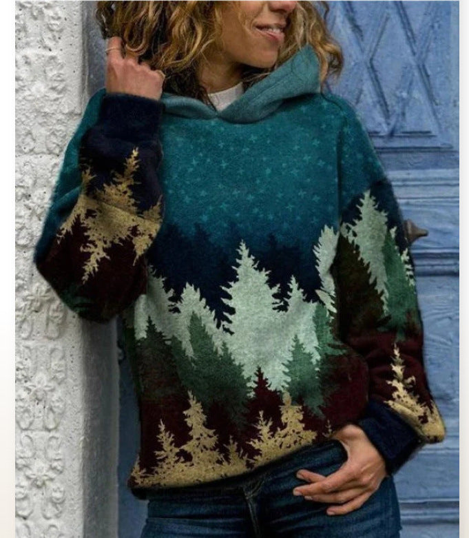 Hooded Long Sleeve Casual Digital Print Sweater for Women