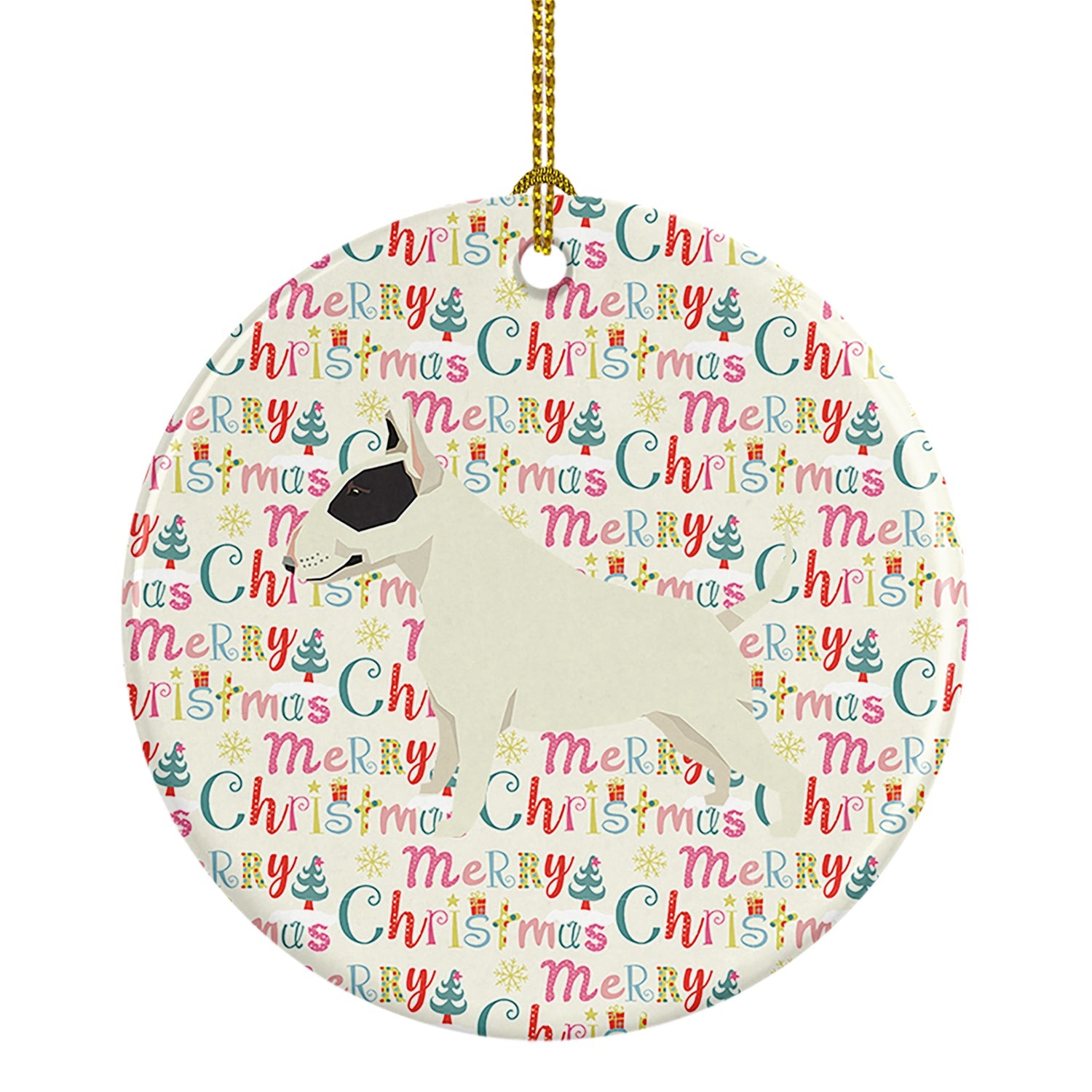 Black and White Bull Terrier Merry Christmas Ceramic Ornament