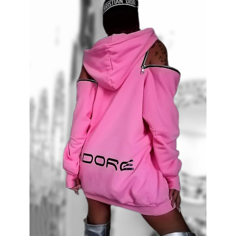 Loose-fitting Hoodie with Letter Printing and Shoulder Cutouts | Streetwear