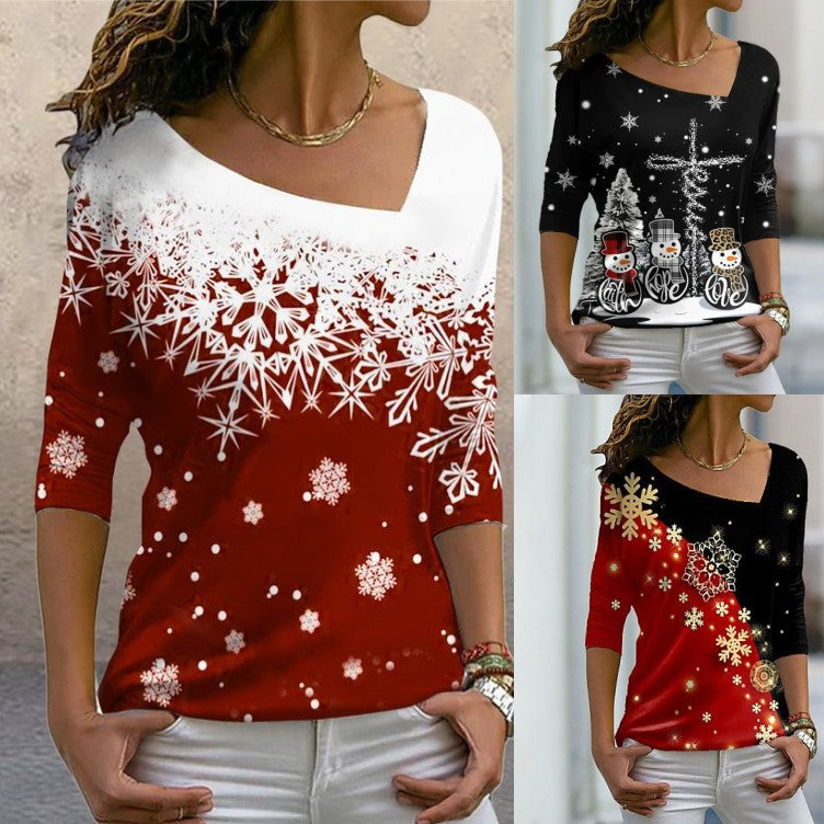 Christmas Print Long-sleeve Diagonal Collar Pullover Tee | Streetwear