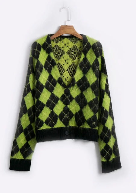 Oversized Fluffy Green Plaid Cardigan for Women