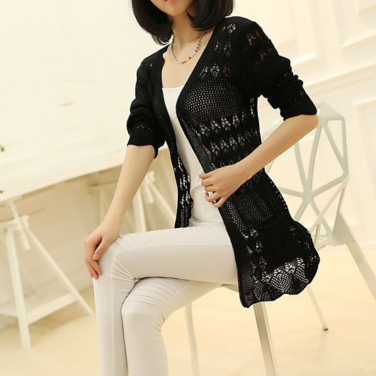 Mid-Length Hollow Knit Sun Protection Cardigan Shawl