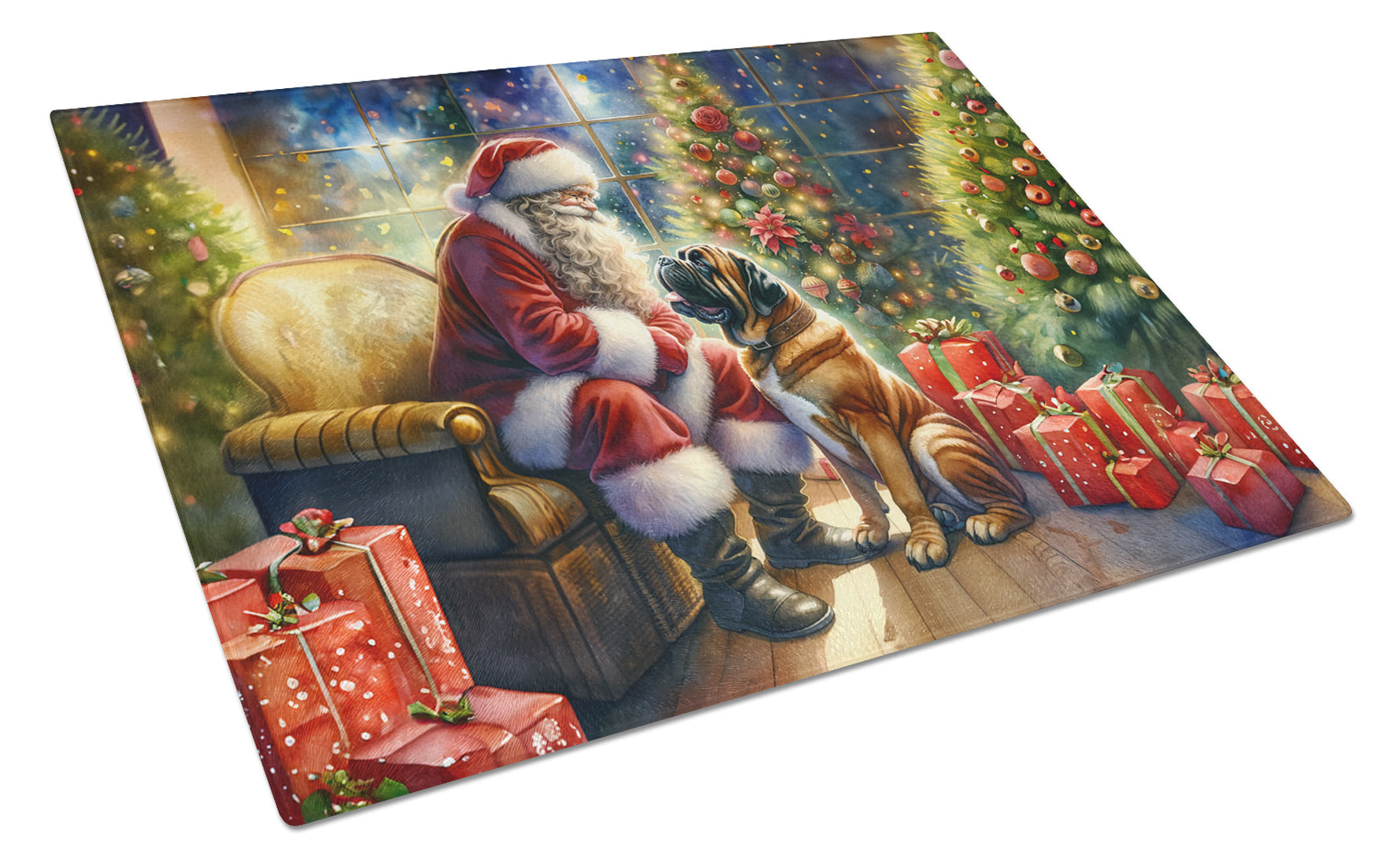 Bullmastiff and Santa Claus Glass Cutting Board