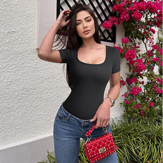 Summer Women's Ribbed Bodysuit with Square Neck