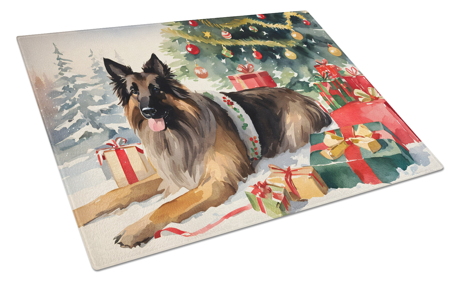 Belgian Tervuren Cozy Christmas Glass Cutting Board