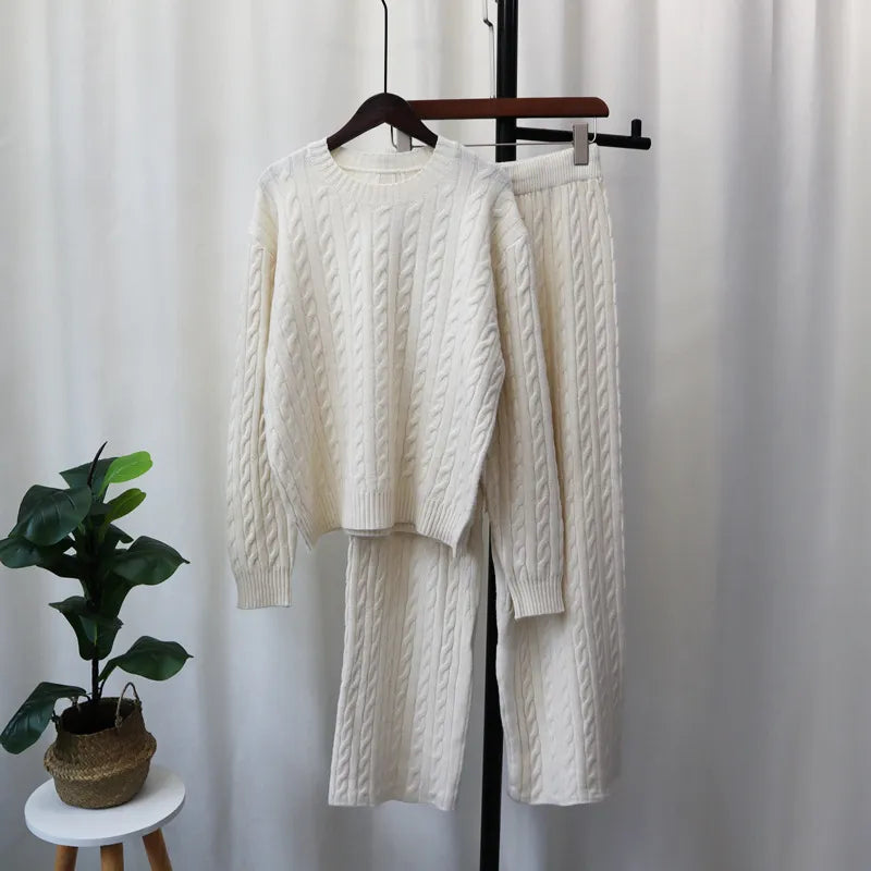 Sweater Pullover Plus Knitted Wide-legged Pants Two-piece Set | Streetwear