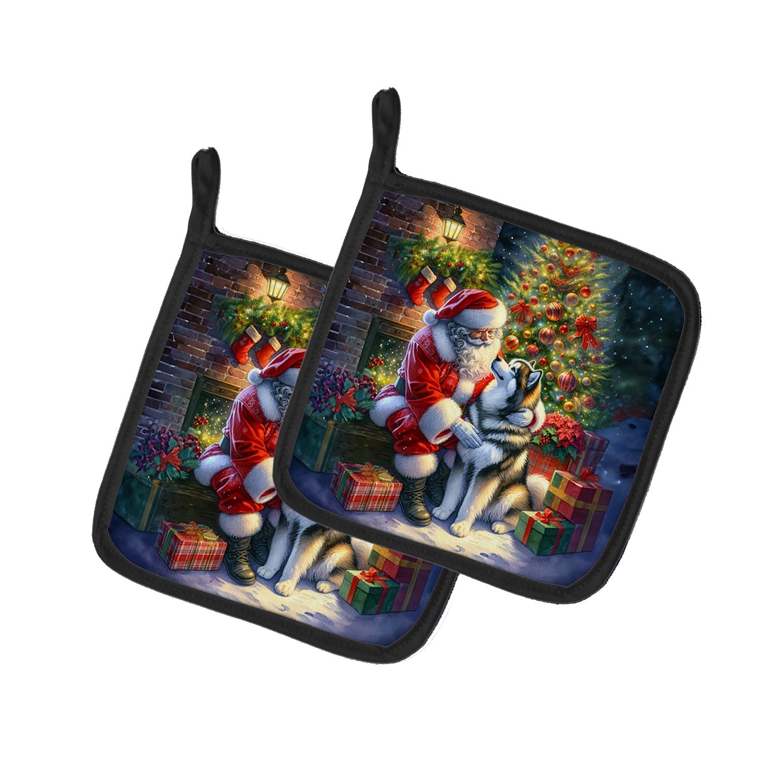 Alaskan Malamute and Santa Claus Pair of Pot Holders