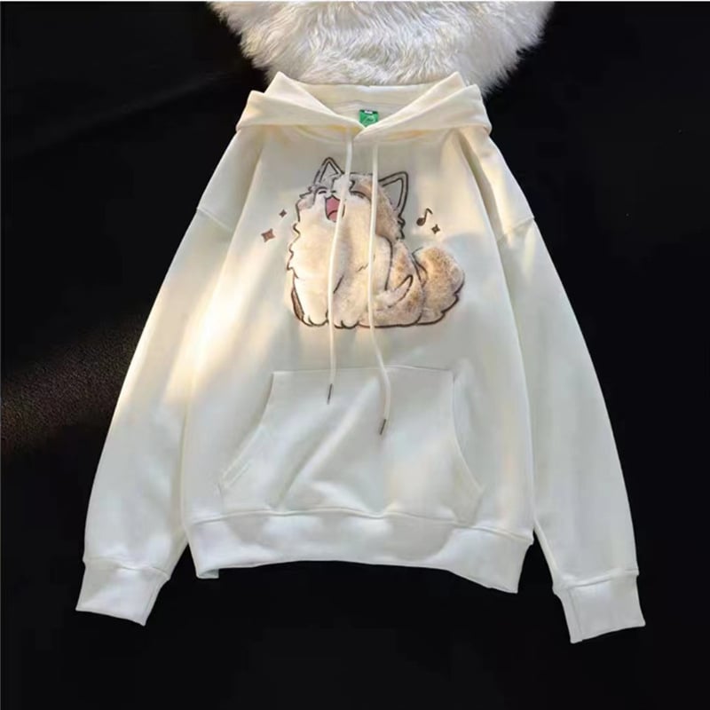 Embroidered Kitten Fleece-lined Hooded Sweatshirt | Streetwear