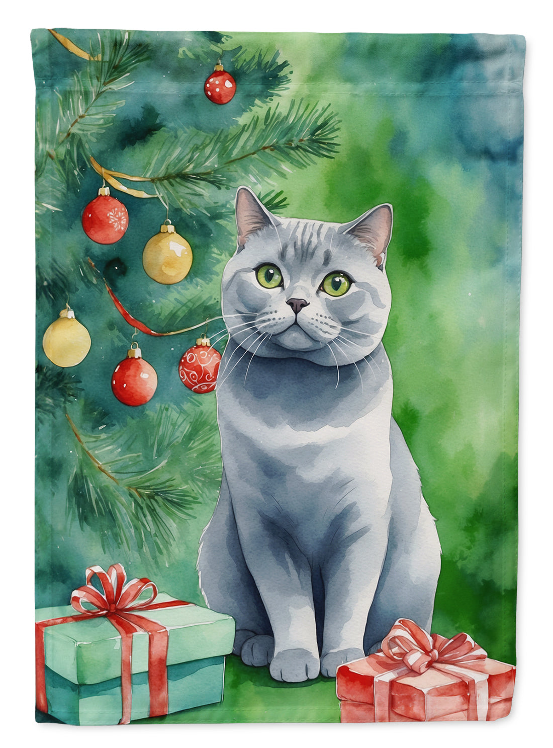 British Shorthair Cat By the Christmas Tree House Flag