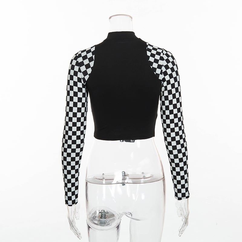 Patchwork Checkerboard Long Sleeve Crop Top T-Shirt
