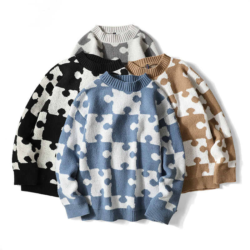 Korean Style Loose Contrast Color Round Neck Sweater