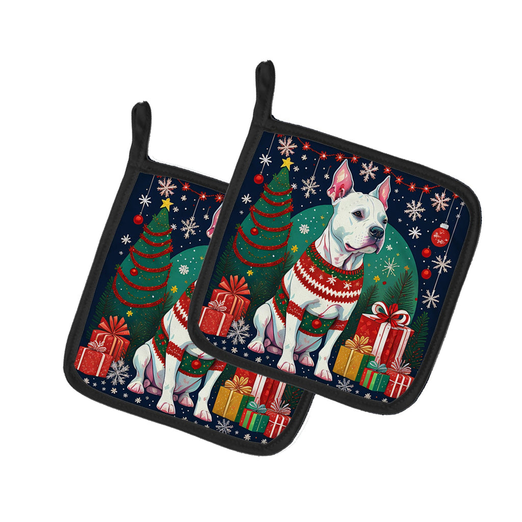 White Pit Bull Terrier Christmas Pair of Pot Holders