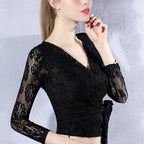 Summer Lace Deep V Long Sleeve Crop Top for Women