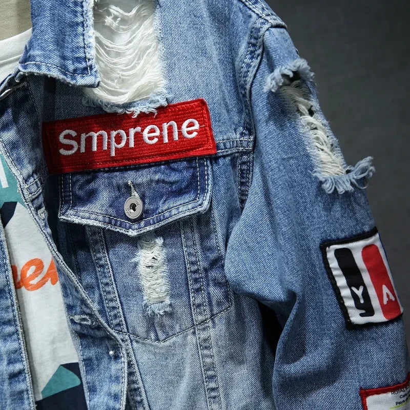 Men's Ripped Denim Jacket - Casual Punk Streetwear Coats