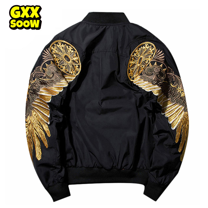 Men's Spring Hip Hop Gold Wings Embroidered Bomber Jacket