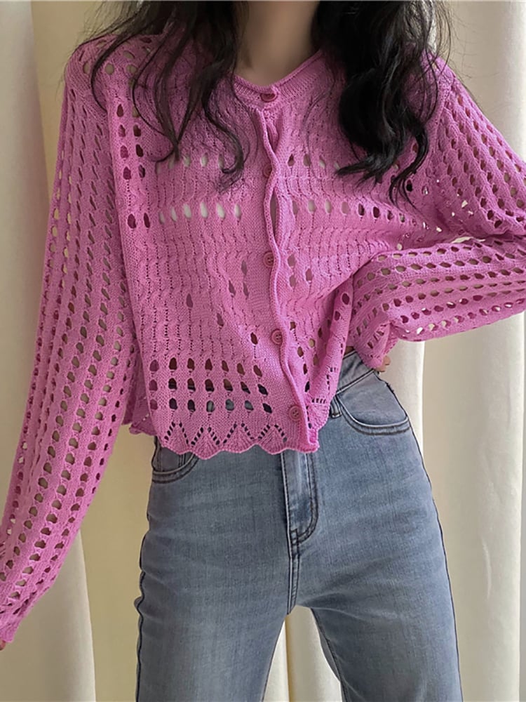 Hollow Ice Silk Long-sleeved Knitted Cardigan for Women