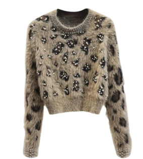 Leopard Print Rhinestone Knit Sweater (Single Piece)