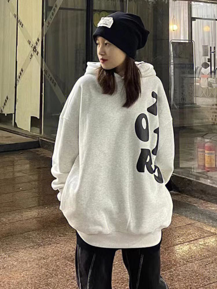 Thickened Plush Hooded Sweater in White Gray Cotton