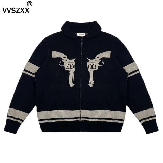 Vintage Printed Zipper Cardigan Sweater for Men