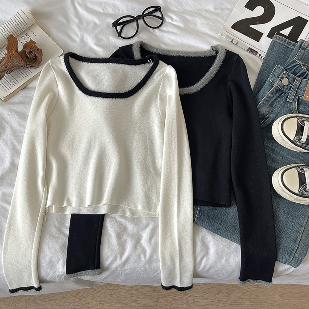 Color Block Long Sleeve U-Neck Slim Fit Sweater for Women
