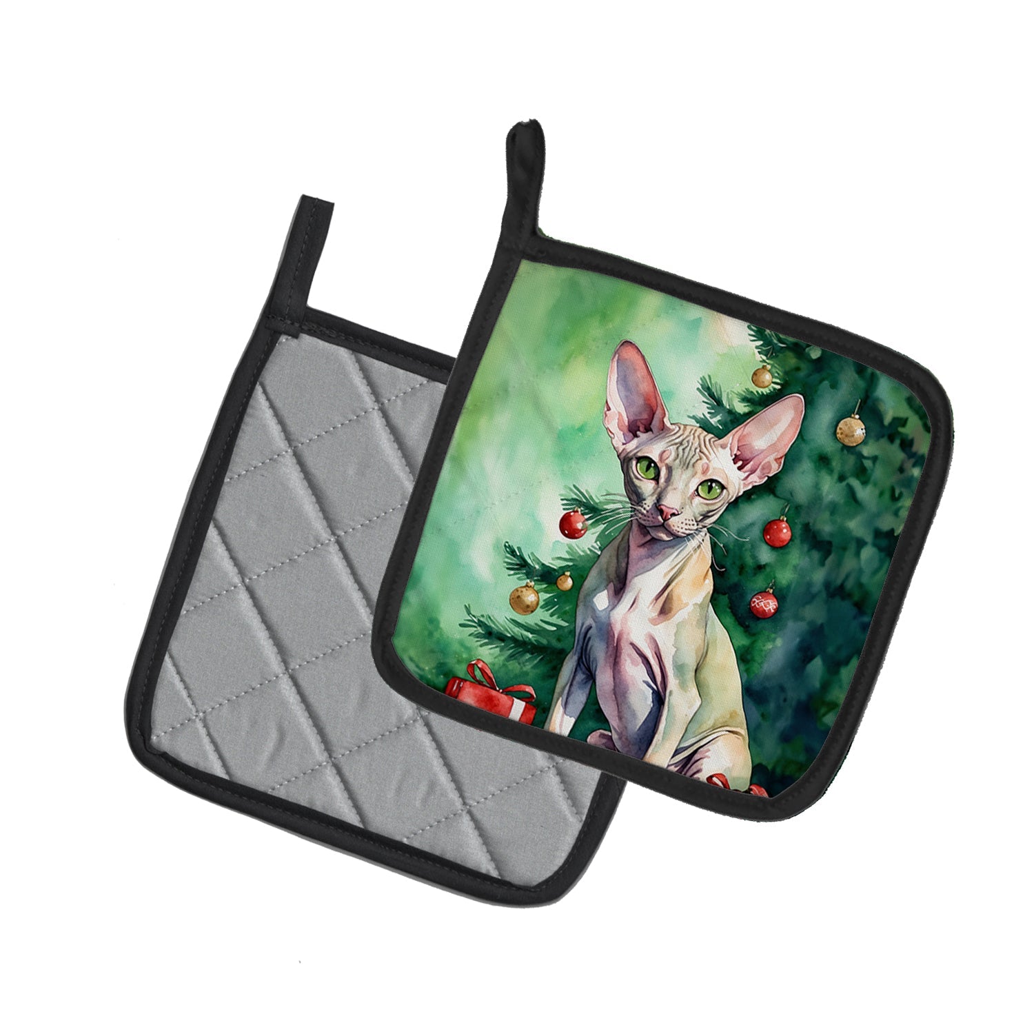 Peterbald Cat By the Christmas Tree Pair of Pot Holders