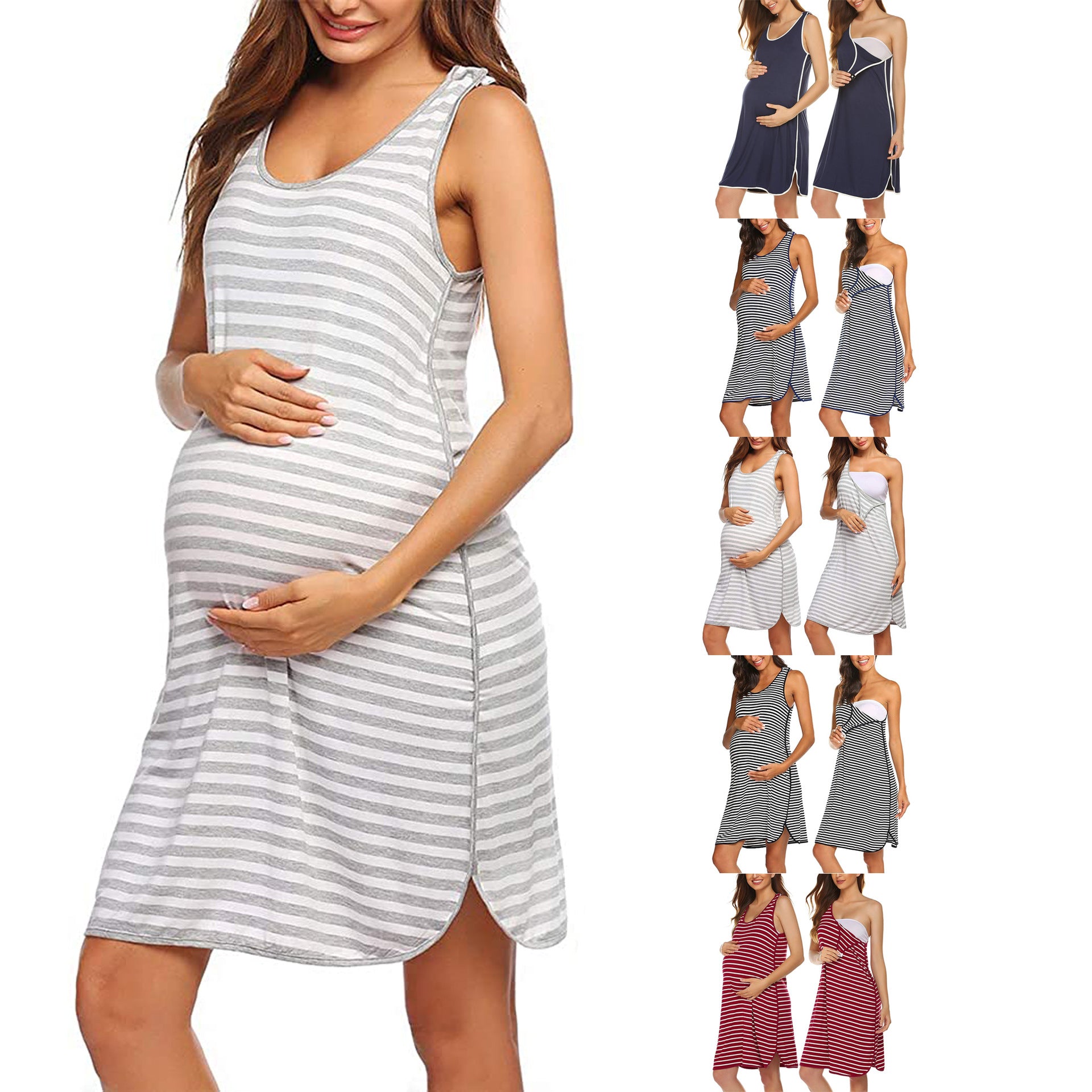 Women's Striped Maternity Sleeveless Nightgown Dress