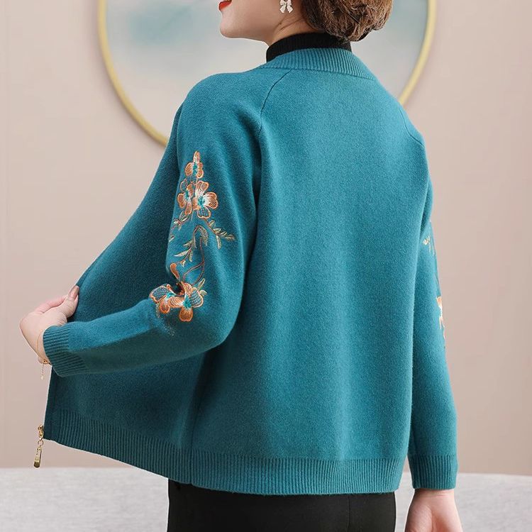 Embroidered Wool Cardigan for Middle-Aged Women