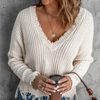 Women's New Cotton Knitted Ripped Sweater with Tassels