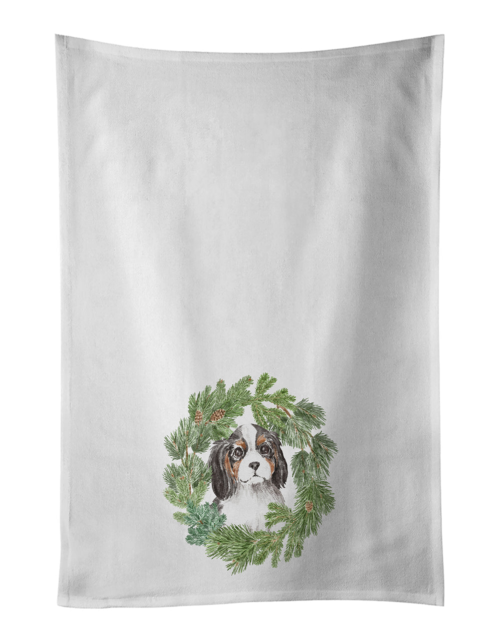 Cavalier Spaniel Puppy Tricolor Christmas Wreath Kitchen Towel Set of 2