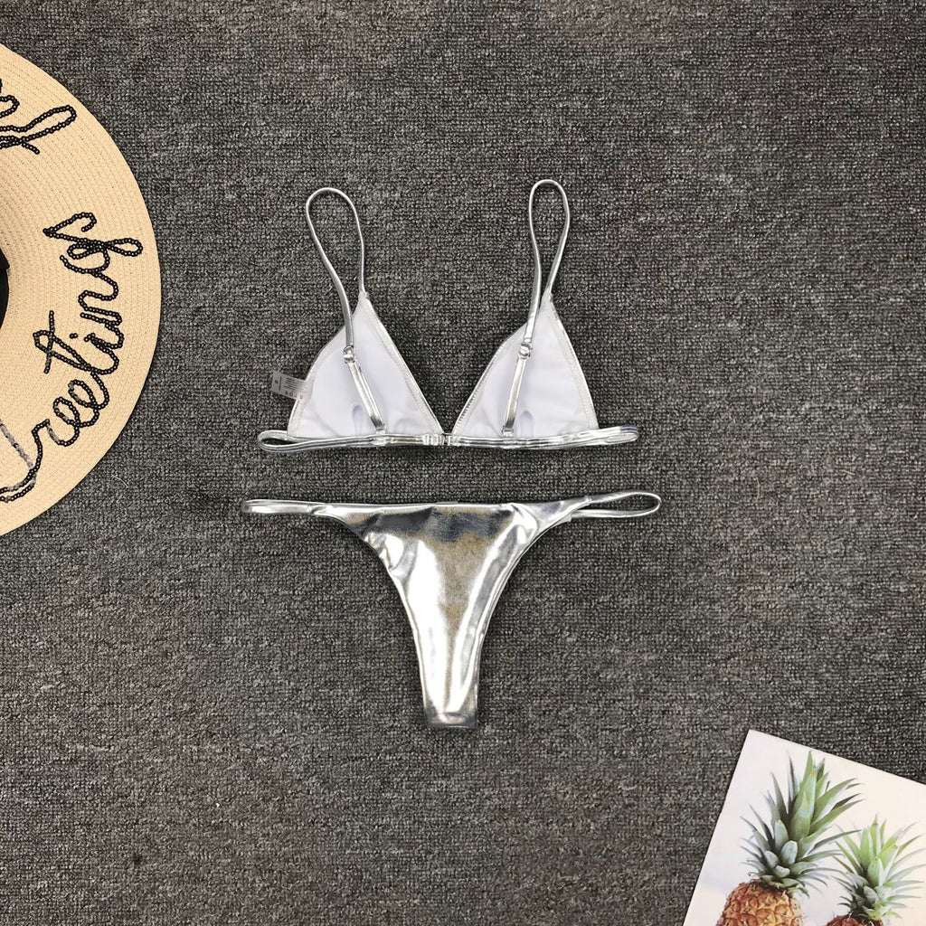 Women's Sequin Thong Bikini Set in Silver and Gold