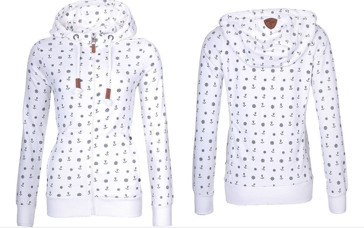 Hooded Zipper Print Fleece Sweater for Women