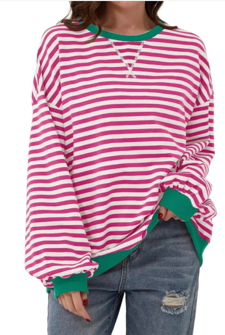 Loose Striped Long Sleeve T-shirt Casual Pullover Sweater For Womens Clothing | Streetwear