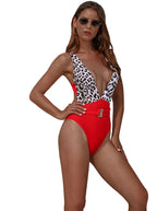 Color Block Plunge One-Piece Swimsuit with Belt