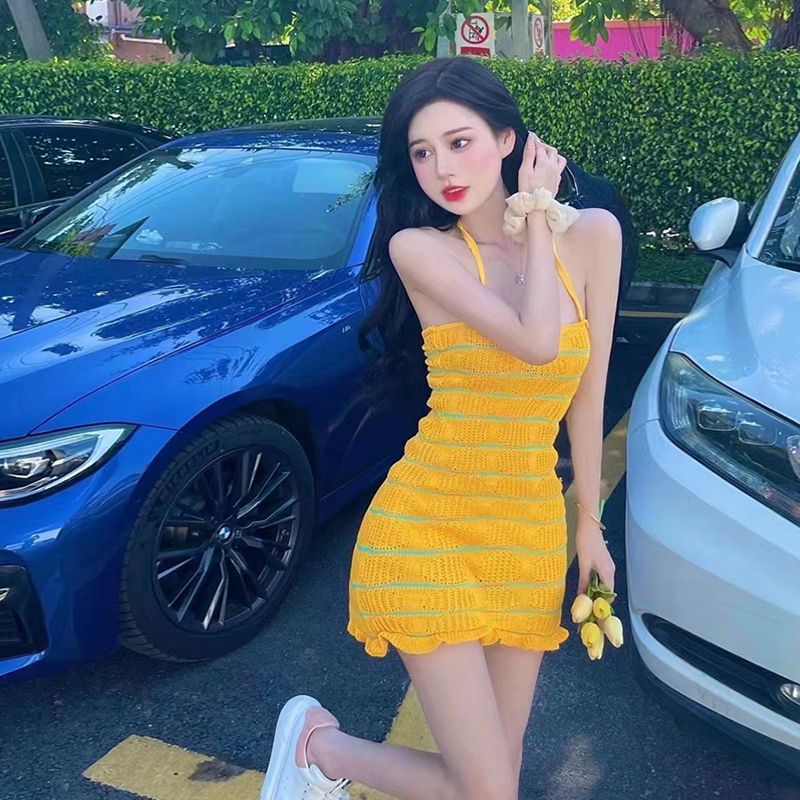 Sexy Yellow Striped Halter Neck Dress for Casual Outings