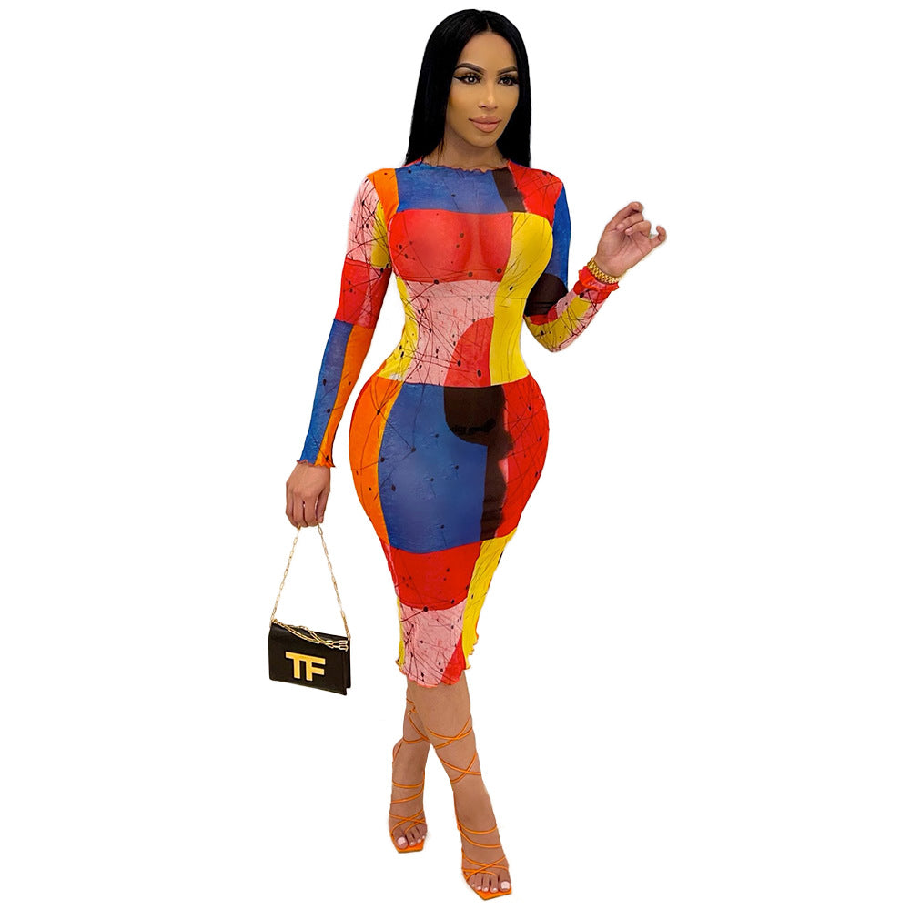 Women's Fashion Long-sleeved Mesh Printed Dress