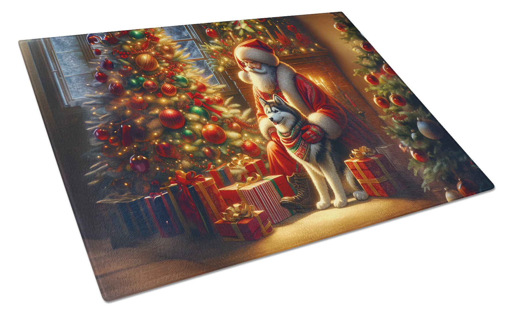 Siberian Husky and Santa Claus Glass Cutting Board