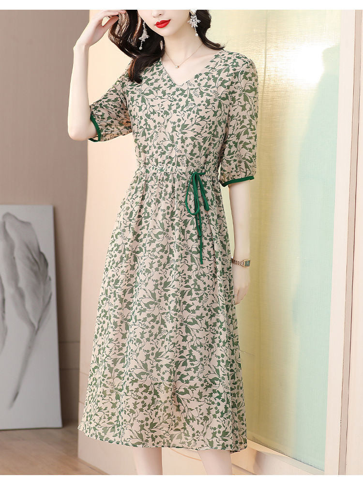 2022 Summer Silk Dress with Tie Waist and Slim Fit
