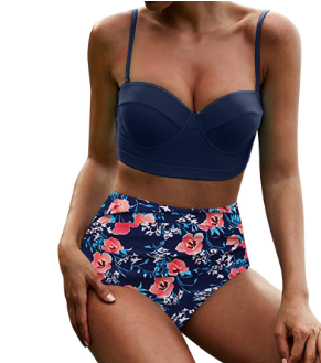 Retro Halter Top with Floral High-Waist Bikini Bottom