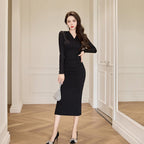 High-Grade Wool Slim-Fit Long Sleeve V-Neck Dress